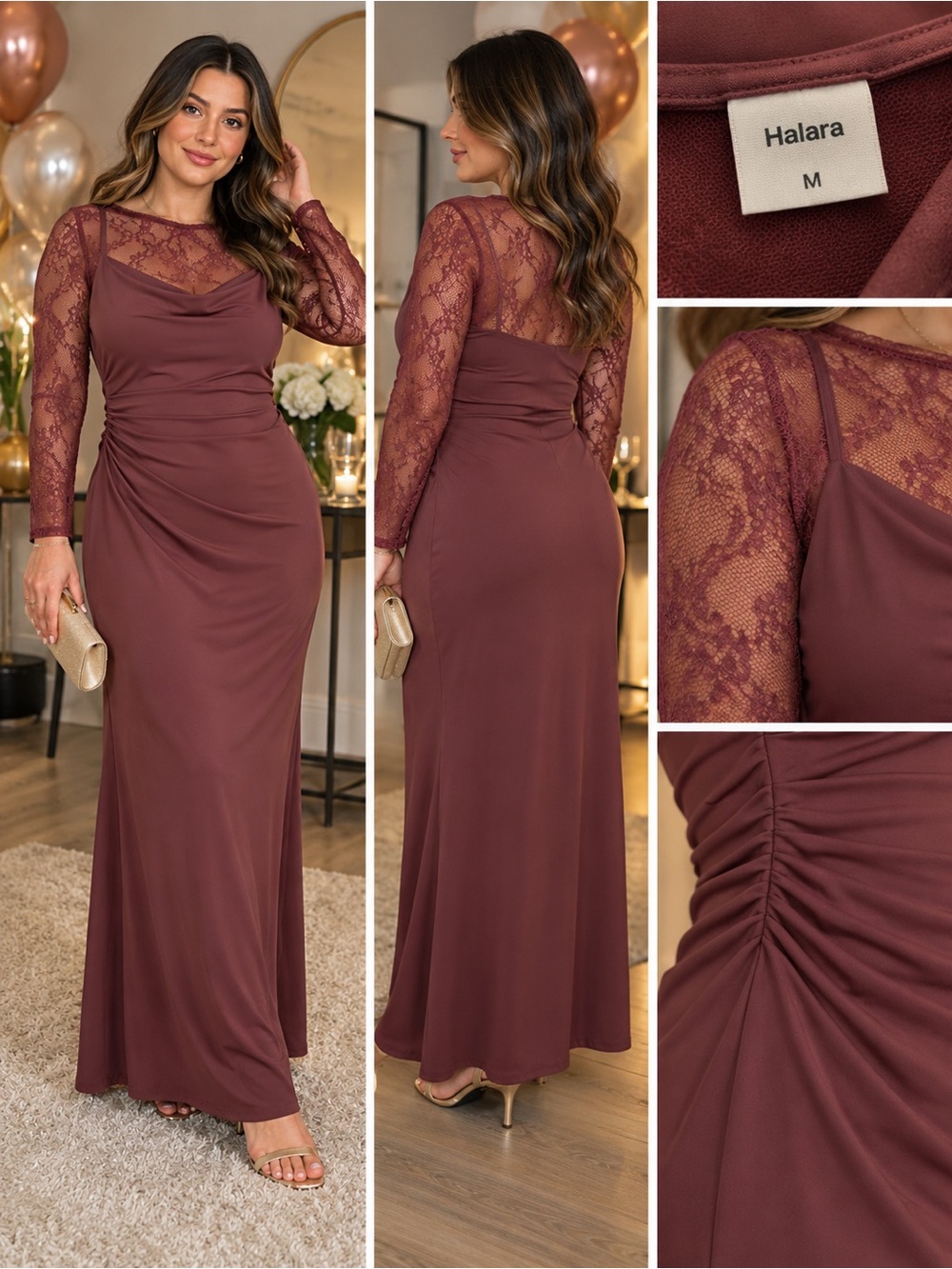 HALARA Long Sleeve Lace Yoke Evening Gown in Mauve